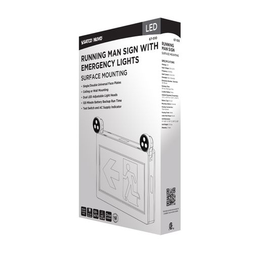 Main product image of Running Man Green Combo Exit Sign/Emergency Light, 120-347V, 2HR backup, Single/Dual Face, Universal Mounting, Thermoplastic