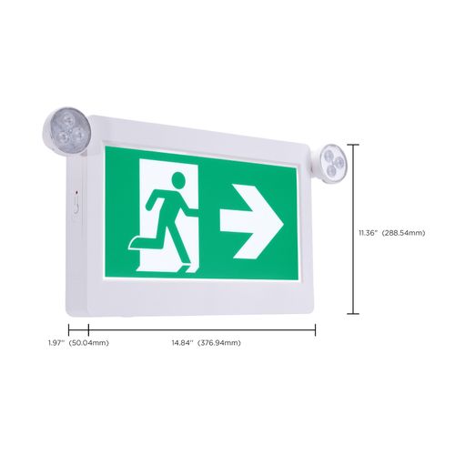 Main product image of Running Man Green Combo Exit Sign/Emergency Light, 120-347V, 2HR backup, Single/Dual Face, Universal Mounting, Thermoplastic