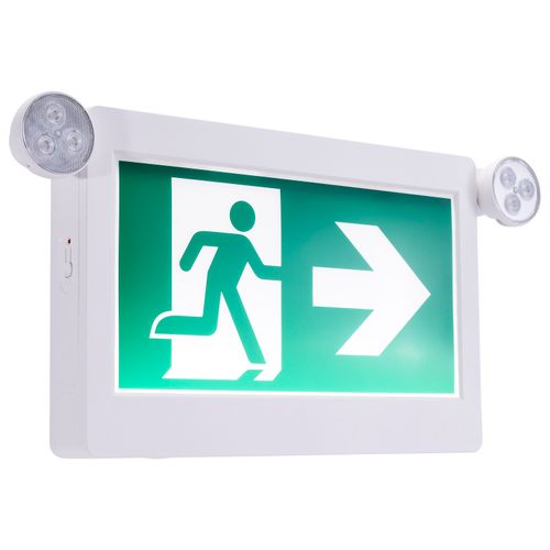 Main product image of Running Man Green Combo Exit Sign/Emergency Light, 120-347V, 2HR backup, Single/Dual Face, Universal Mounting, Thermoplastic