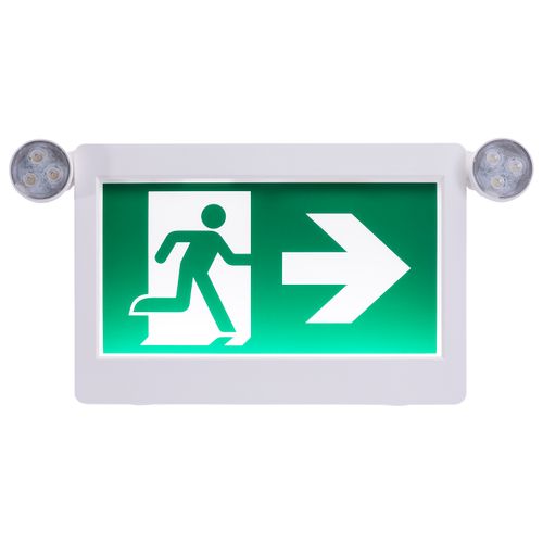 Main product image of Running Man Green Combo Exit Sign/Emergency Light, 120/347V, 90min backup, Single/Dual Face, Universal Mounting, Thermoplastic, Remote-Capable