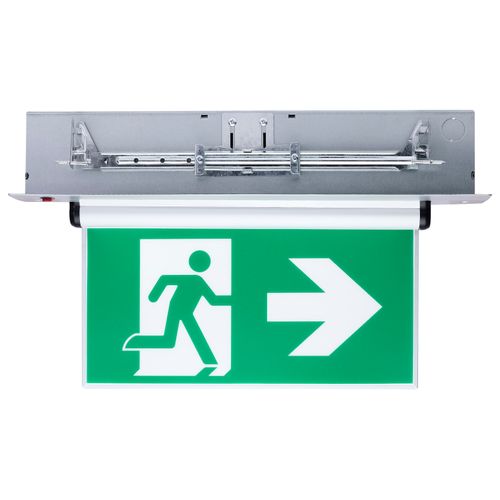 Main product image of Running Man Green Edge Lit Exit Sign, 120-347V, 2HR backup, Single/Dual Face, Universal Surface or Recessed Mounting, Pivoting Panel