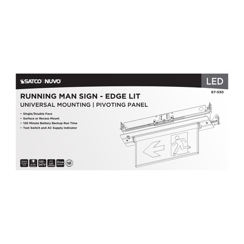 Main product image of Running Man Green Edge Lit Exit Sign, 120-347V, 2HR backup, Single/Dual Face, Universal Surface or Recessed Mounting, Pivoting Panel
