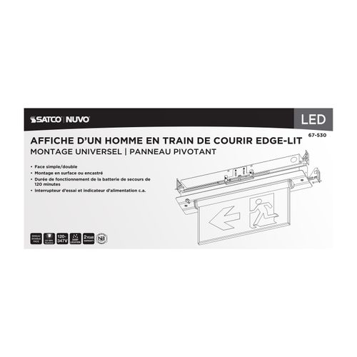 Main product image of Running Man Green Edge Lit Exit Sign, 120-347V, 2HR backup, Single/Dual Face, Universal Surface or Recessed Mounting, Pivoting Panel