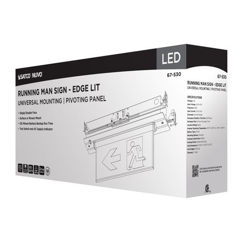 Main product image of Running Man Green Edge Lit Exit Sign, 120-347V, 2HR backup, Single/Dual Face, Universal Surface or Recessed Mounting, Pivoting Panel