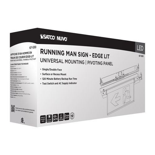 Main product image of Running Man Green Edge Lit Exit Sign, 120-347V, 2HR backup, Single/Dual Face, Universal Surface or Recessed Mounting, Pivoting Panel