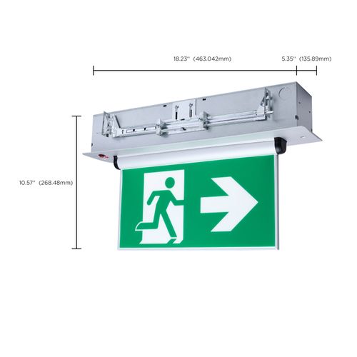Main product image of Running Man Green Edge Lit Exit Sign, 120-347V, 2HR backup, Single/Dual Face, Universal Surface or Recessed Mounting, Pivoting Panel