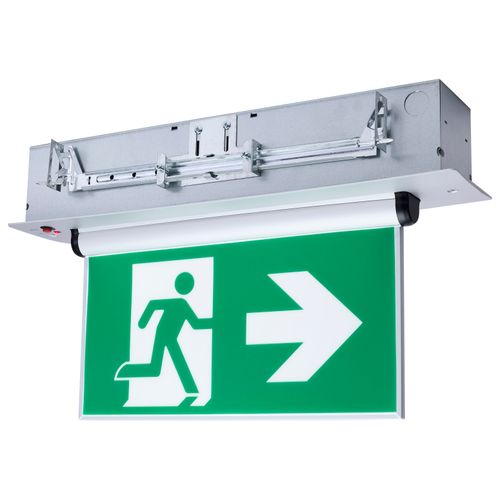 Main product image of Running Man Green Edge Lit Exit Sign, 120-347V, 2HR backup, Single/Dual Face, Universal Surface or Recessed Mounting, Pivoting Panel