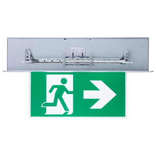 Main product image of Running Man Green Edge Lit Exit Sign, 120-347V, 2HR backup, Single/Dual Face, Premium Flush Recessed Mounting