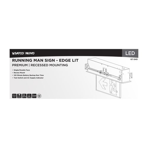 Main product image of Running Man Green Edge Lit Exit Sign, 120-347V, 2HR backup, Single/Dual Face, Premium Flush Recessed Mounting