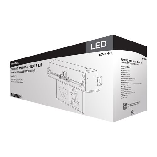 Main product image of Running Man Green Edge Lit Exit Sign, 120-347V, 2HR backup, Single/Dual Face, Premium Flush Recessed Mounting