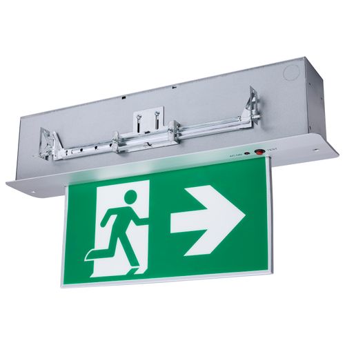 Main product image of Running Man Green Edge Lit Exit Sign, 120-347V, 2HR backup, Single/Dual Face, Premium Flush Recessed Mounting