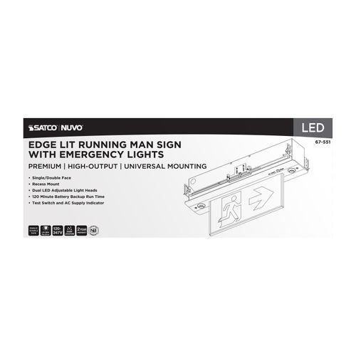 Main product image of Running Man Green Combo Edge Lit Exit Sign/Emergency Light, 120-347V, 2HR backup, Single/Dual Face, Premium Flush Recessed Mounting, High Output lamps