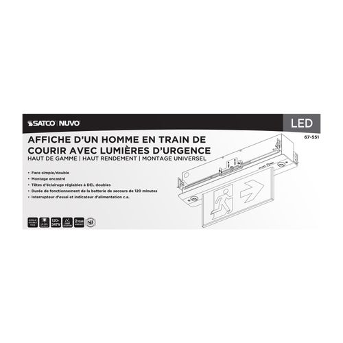 Main product image of Running Man Green Combo Edge Lit Exit Sign/Emergency Light, 120-347V, 2HR backup, Single/Dual Face, Premium Flush Recessed Mounting, High Output lamps