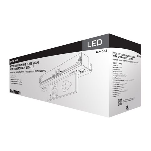 Main product image of Running Man Green Combo Edge Lit Exit Sign/Emergency Light, 120-347V, 2HR backup, Single/Dual Face, Premium Flush Recessed Mounting, High Output lamps