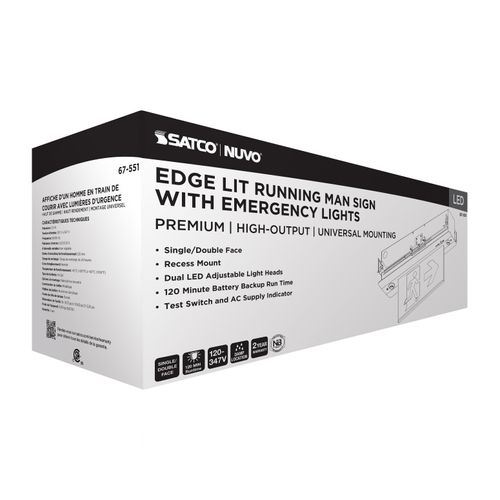 Main product image of Running Man Green Combo Edge Lit Exit Sign/Emergency Light, 120-347V, 2HR backup, Single/Dual Face, Premium Flush Recessed Mounting, High Output lamps