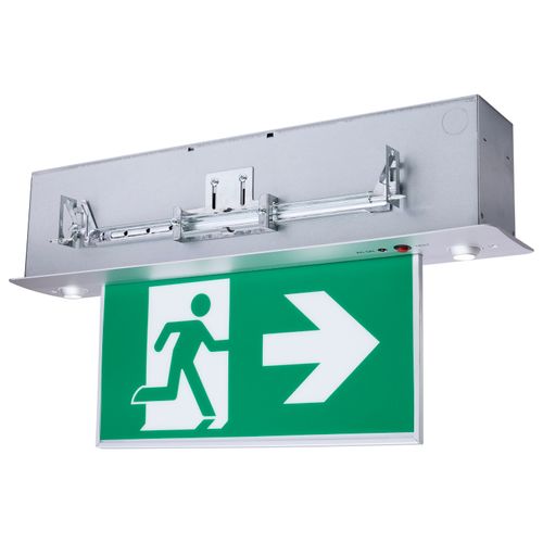 Main product image of Running Man Green Combo Edge Lit Exit Sign/Emergency Light, 120-347V, 2HR backup, Single/Dual Face, Premium Flush Recessed Mounting, High Output lamps