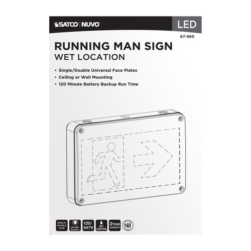 Main product image of Running Man Green Exit Sign, 120/347V, 2HR backup, Single/Dual Face, Universal Mounting, Wet Location