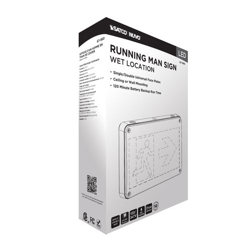 Main product image of Running Man Green Exit Sign, 120/347V, 2HR backup, Single/Dual Face, Universal Mounting, Wet Location