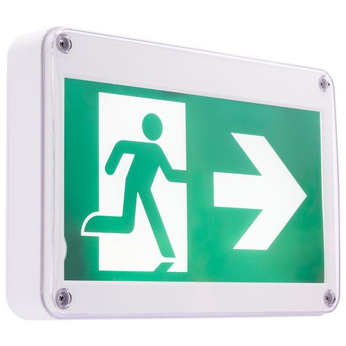 Main product image of Running Man Green Exit Sign, 120/347V, 2HR backup, Single/Dual Face, Universal Mounting, Wet Location