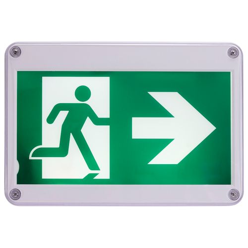 Main product image of Running Man Green Exit Sign, 120/347V, 2HR backup, Single/Dual Face, Universal Mounting, Wet Location, Low Temperature