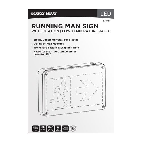 Main product image of Running Man Green Exit Sign, 120/347V, 2HR backup, Single/Dual Face, Universal Mounting, Wet Location, Low Temperature
