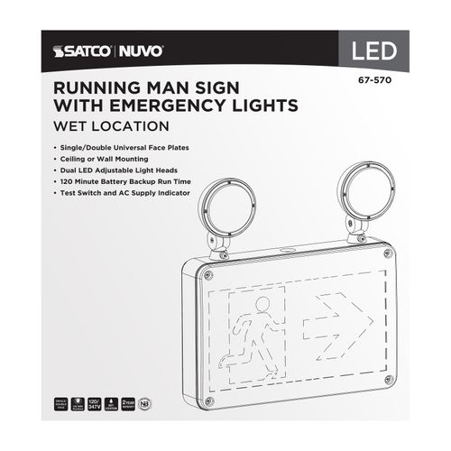 Main product image of Running Man Green Combo Exit Sign/Emergency Light, 120/347V, 2HR backup, Single/Dual Face, Universal Mounting, Wet Location