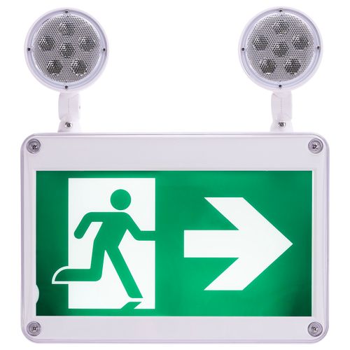 Main product image of Running Man Green Combo Exit Sign/Emergency Light, 120/347V, 2HR backup, Single/Dual Face, Universal Mounting, Wet Location, Remote-Capable