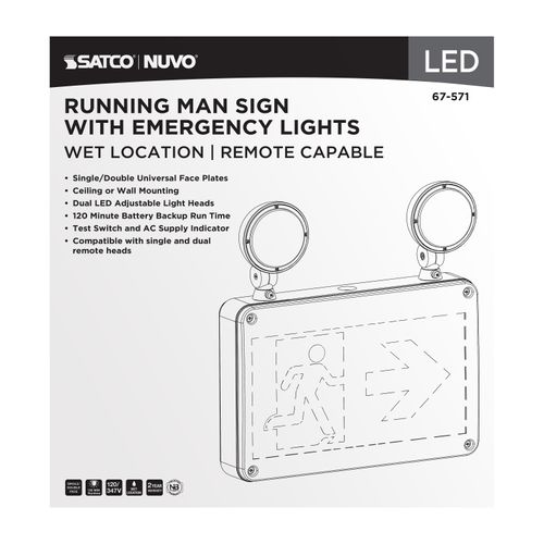 Main product image of Running Man Green Combo Exit Sign/Emergency Light, 120/347V, 2HR backup, Single/Dual Face, Universal Mounting, Wet Location, Remote-Capable