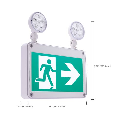 Main product image of Running Man Green Combo Exit Sign/Emergency Light, 120/347V, 2HR backup, Single/Dual Face, Universal Mounting, Wet Location, Remote-Capable