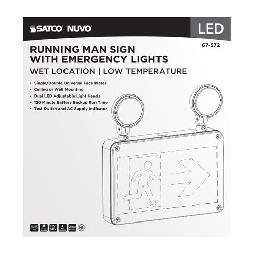 Main product image of Running Man Green Combo Exit Sign/Emergency Light, 120/347V, 2HR backup, Single/Dual Face, Universal Mounting, Wet Location, Low Temperature