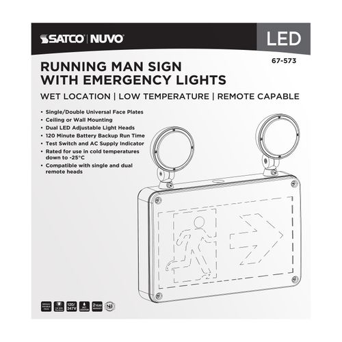 Main product image of Running Man Green Combo Exit Sign/Emergency Light, 120/347V, 2HR backup, Single/Dual Face, Universal Mounting, Wet Location, Low Temperature, Remote-Capable