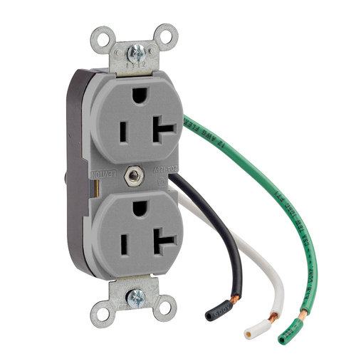 Main product image of Duplex Receptacle Outlet,  Smooth Face, 20A, 125V Pre-Wired Leads, NEMA 5-20R, 2-Pole, 3-Wire, Self-Grounding, Gray