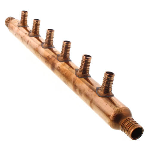 Main product image of 3/4" PEX Crimp × 1" PEX Crimp Copper Manifold w/ 1/2" PEX Outlets (6 Outlets)