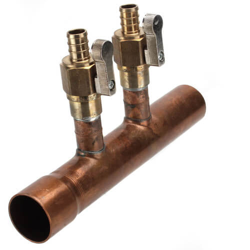 1" Copper Manifold w/ 1/2" Crimp Ball Valves, Lead Free (2 Outlets)