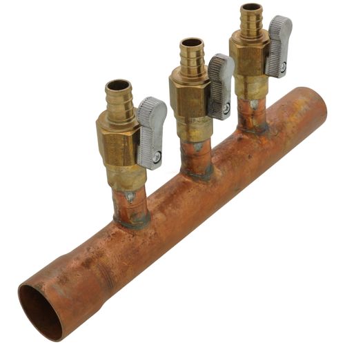 Main product image of 1" Copper Manifold w/ 1/2" Crimp Ball Valves, Lead Free (3 Outlets)