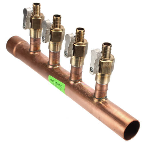 1" Copper Manifold w/ 1/2" Crimp Ball Valves, Lead Free (4 Outlets)