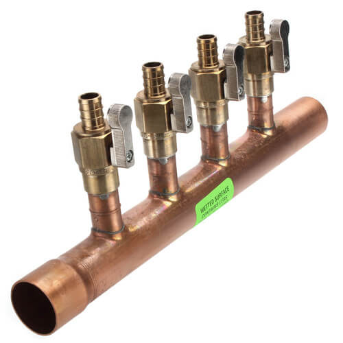 1" Copper Manifold w/ 1/2" Crimp Ball Valves, Lead Free (4 Outlets)