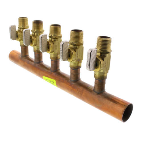 1" Male Sweat Copper Manifold w/ 1/2" MIP/Female Sweat Ball Valves (5 Outlets)