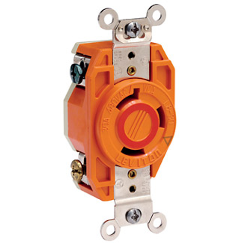 Main product image of 30A, 480V NEMA L8-30R, 2P, 3W, Flush Mtg Locking Receptacle, Isolated Ground, V-0-MAX (Orange)