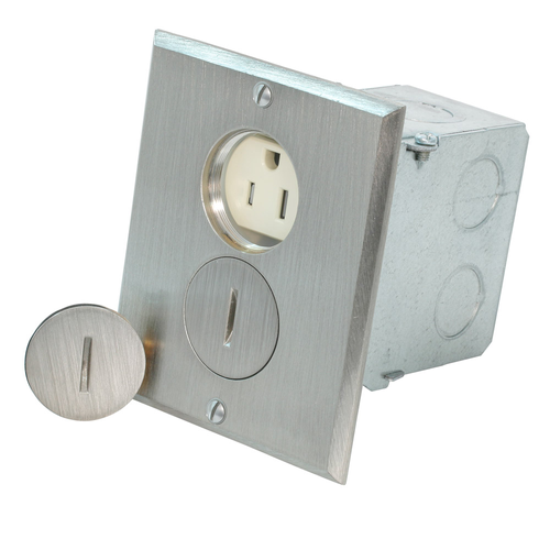 Main product image of 1-Gang Floor Box Receptacle, 15A 125V 2P 3W Tamper Proof, Straight Blade, Nickel Plate (Ivory)