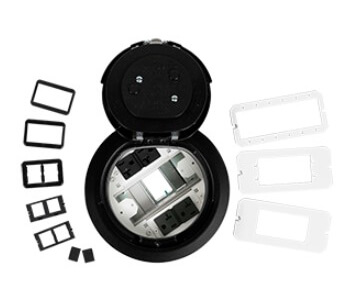 6" Evolution Surface Style Poke-Thru Device, Pre-Wired Dual Service, 3 Outlets (Black)