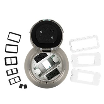 Main product image of 6" Evolution Surface Style Poke-Thru Device, Pre-Wired Dual Service, 3 Outlets (Satin Nickel)