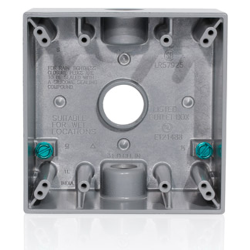 Main product image of 2-Gang Die-Cast Weatherproof Box w/ Three 3/4" Diameter Outlets, Includes Mounting Hardware and Inserts to Cover Unused Openings, GRAY