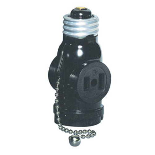 Main product image of Indoor 660W, 125V 2-pole, 2-wire Pull Chain Lampholder w/ 2 Outlets Pull Chain Controls Lamp Socket Only, While Outlet Is Continuously Live (Black)