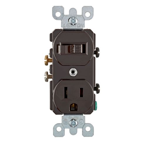 Main product image of 15A, 120V Duplex Style Single-pole/5-15r AC Combination Switch, Commercial Grade, Grounding, Side Wired (Brown)