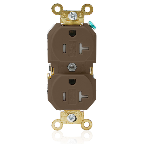 Main product image of Duplex Receptacle Outlet, Extra  Tamper-Resistant, Smooth Face, 20A, 125V Back or Side Wire, NEMA 5-20R, 2-Pole, 3-Wire, Self-Grounding (Brown)