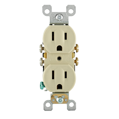 Main product image of 15A, 125V NEMA 5-15R, 2P, 3W, w/ Ears Duplex Receptacle, Straight Blade, Self Grounding, Quickwire Push-In & Side Wired, Steel Strap, (Ivory)