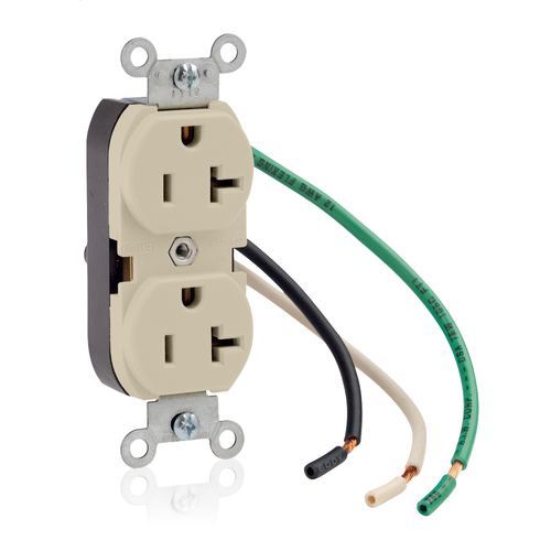 Main product image of Duplex Receptacle Outlet,  Smooth Face, 20A, 125V Pre-Wired Leads, NEMA 5-20R, 2-Pole, 3-Wire, Self-Grounding (Ivory)