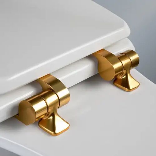 Main product image of Mayfair Benton Round Enameled Wood Toilet Seat in White with STA-TITE Seat Fastening System and Whisper-Close Brushed Gold Hinge