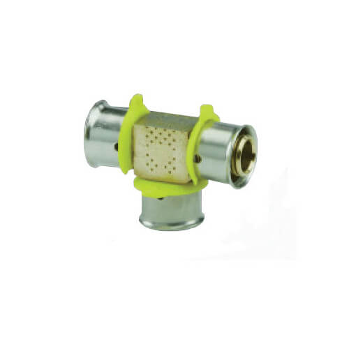 Main product image of Bronze 1/2" x 3/8" x 3/8" PEX Press Reducing Tee w/ Attached Sleeve